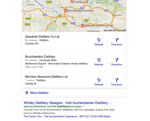 Google Local Results showing 3 listings for [glasgow distilery]