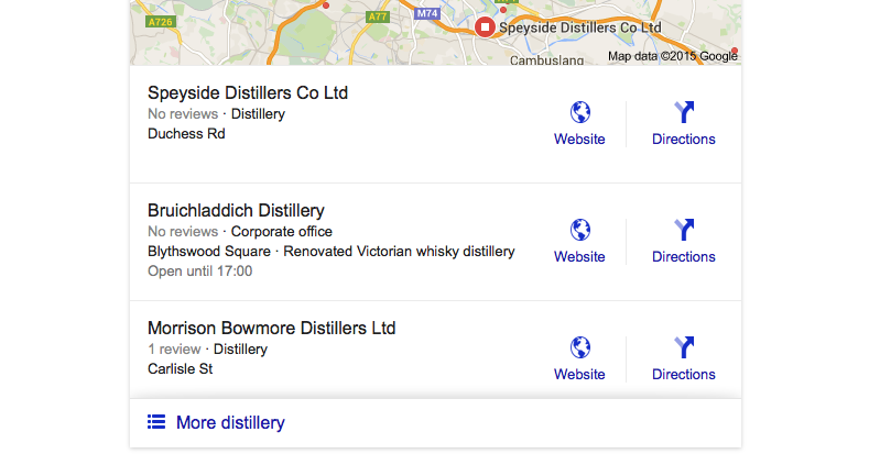 Google Local Results showing 3 listings for [glasgow distilery]