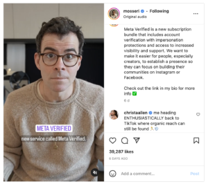 Screenshot of Adam Mosseri announcing Meta Verified in an Instagram video. Comments section visible on right hand side. 