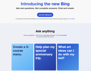 Screenshot of the New Bing homepage. Includes a link to join the waiting list as well as prompts for the new chatbot.