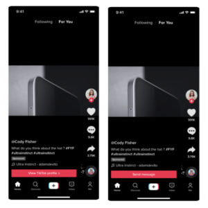 Screenshot of two TikTok sponsored ads side by side. One ad includes the call to action 'View TikTok profile' and the other reads 'Send message'. The ads show the side of a phone and the call to actions are in bright red boxes at the bottom of the screens.